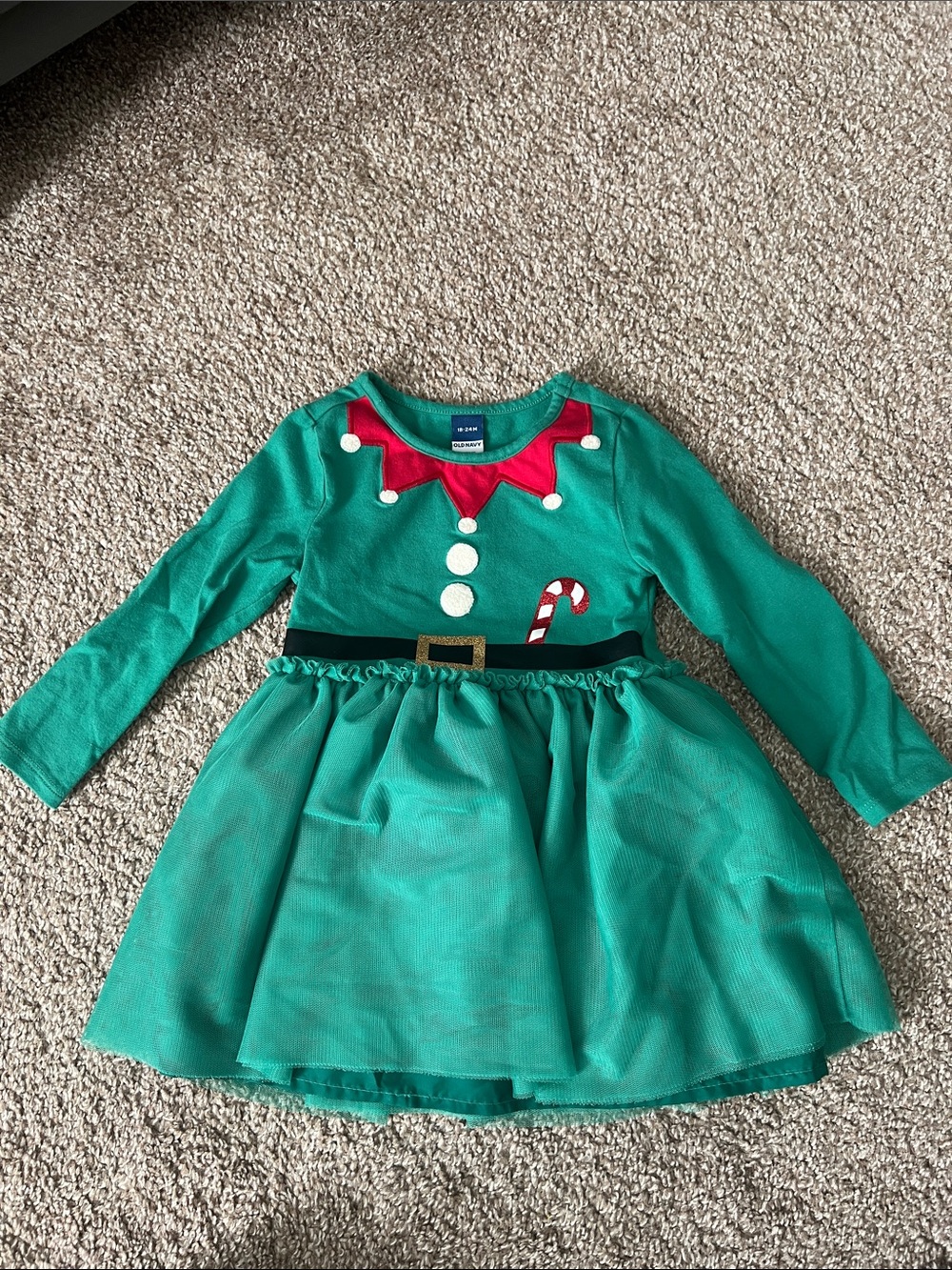 18-24M Green Elf Costume Dress with Candy Cane Accent